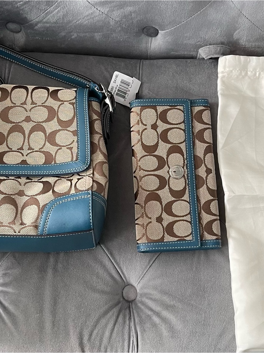 Vintage Coach Hampton signature shoulder bag matching wallet teal brown turnlock - Picture 2 of 9